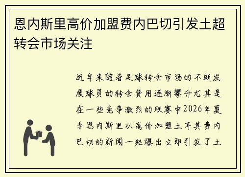 恩内斯里高价加盟费内巴切引发土超转会市场关注