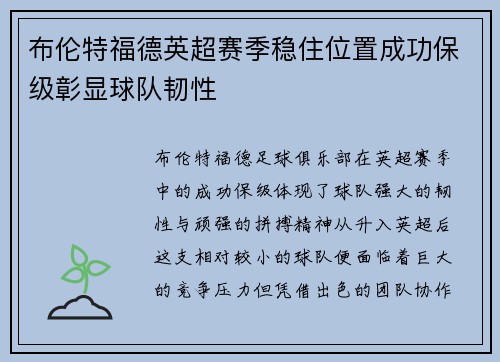布伦特福德英超赛季稳住位置成功保级彰显球队韧性